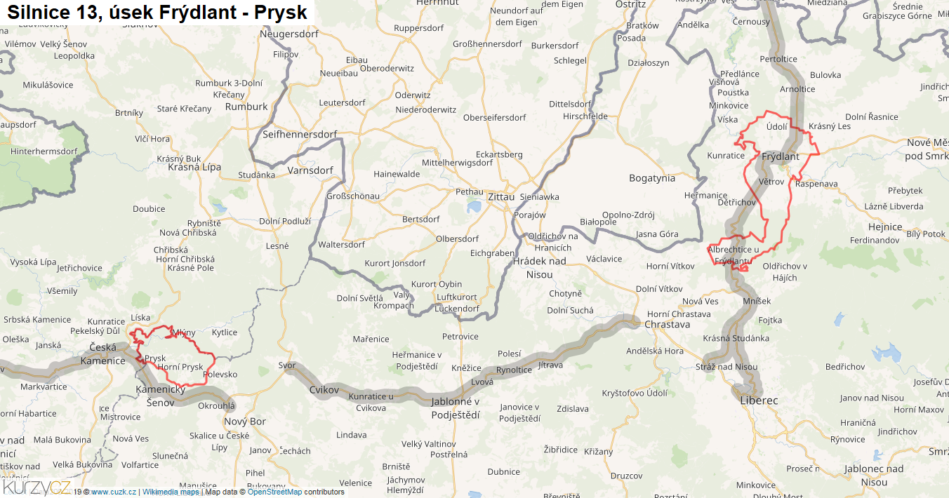 Úsek Frýdlant - Prysk, Silnice 13 - Mapa
