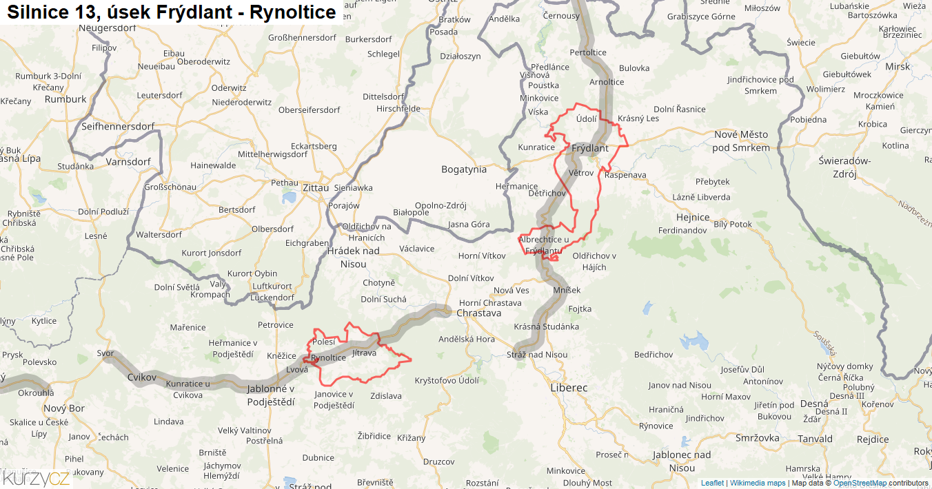 Úsek Frýdlant - Rynoltice, Silnice 13 - Mapa