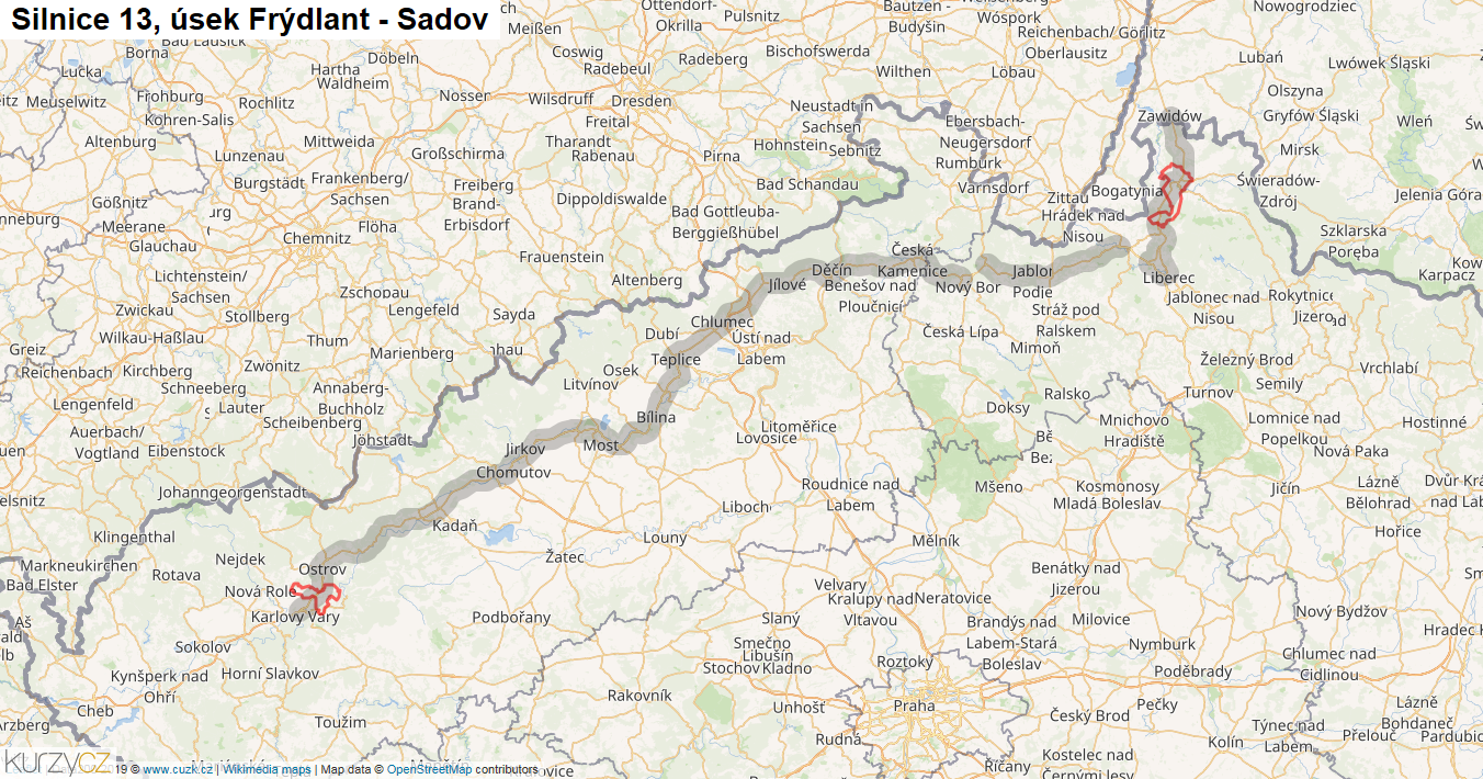 Úsek Frýdlant - Sadov, Silnice 13 - Mapa