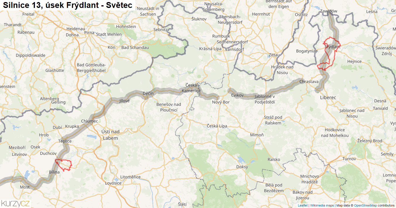 Úsek Frýdlant - Světec, Silnice 13 - Mapa