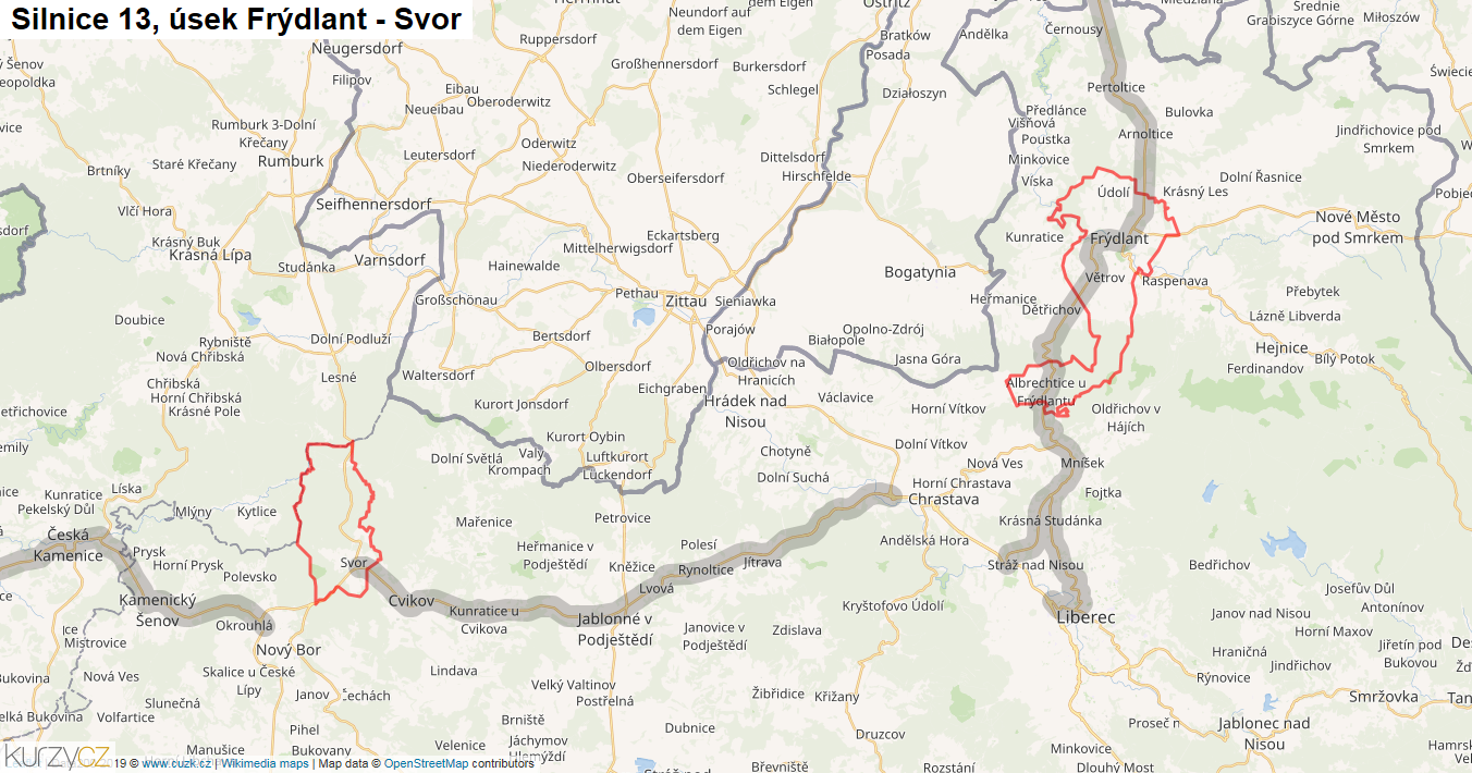 Úsek Frýdlant - Svor, Silnice 13 - Mapa