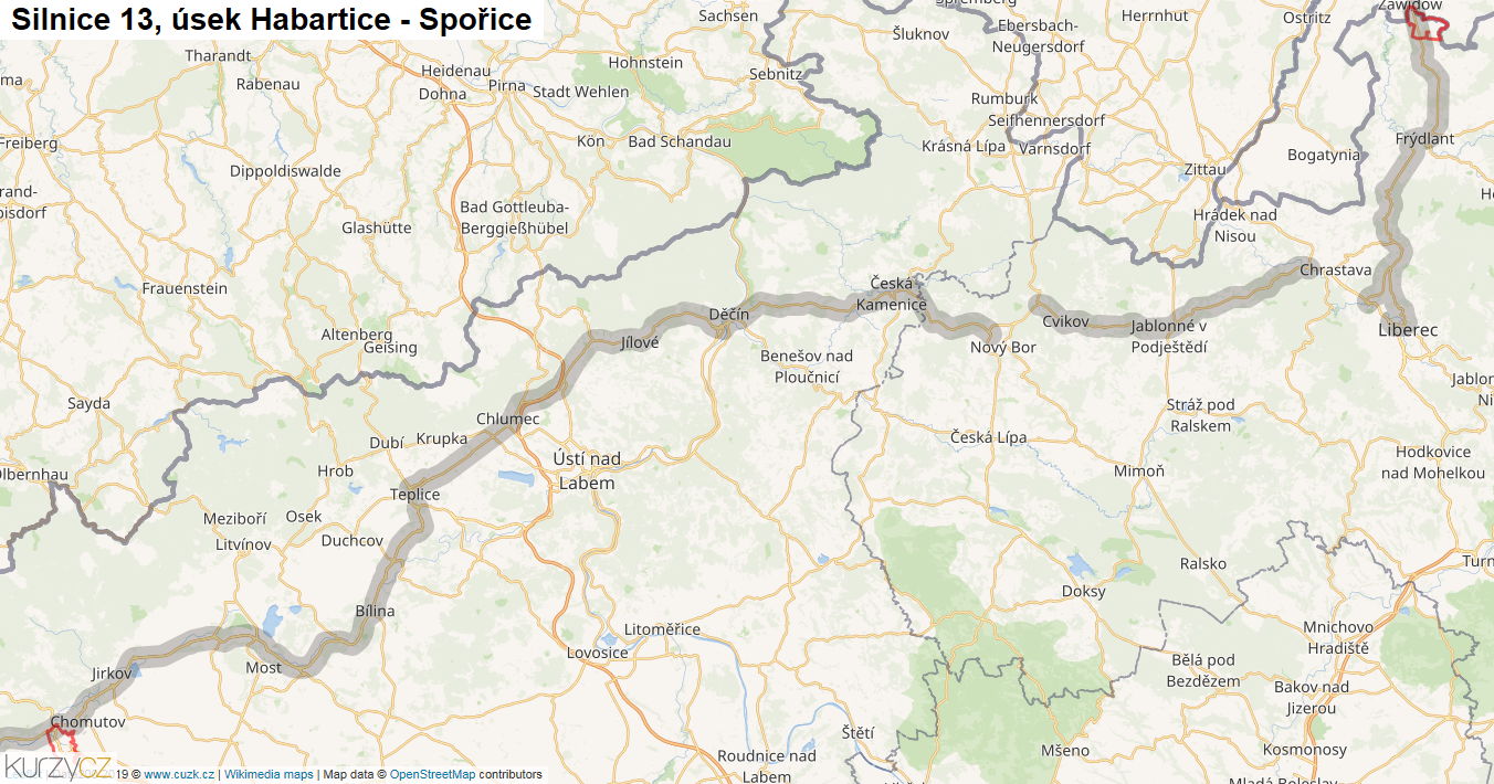 Úsek Habartice - Spořice, Silnice 13 - Mapa
