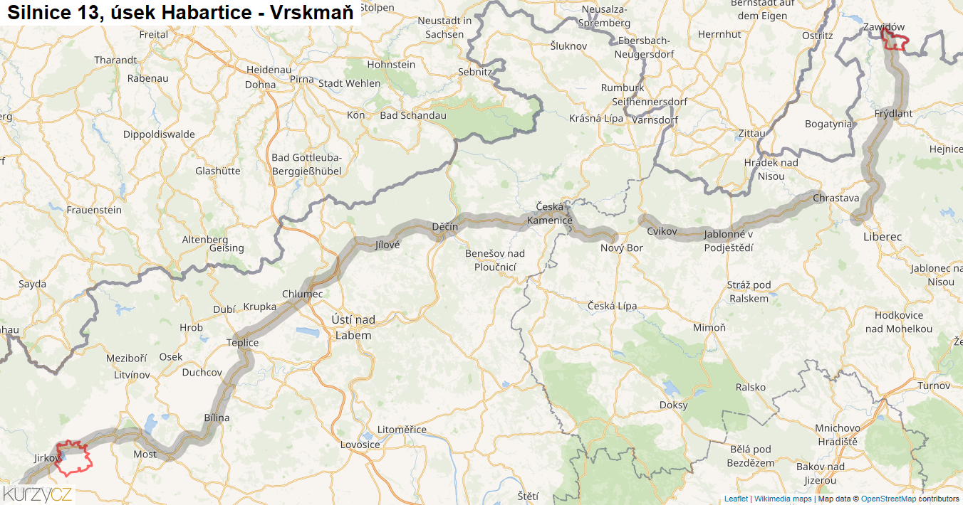 Úsek Habartice - Vrskmaň, Silnice 13 - Mapa