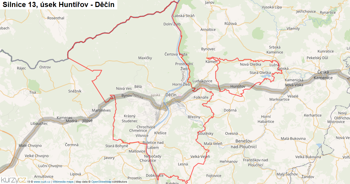 Úsek Huntířov - Děčín, Silnice 13 - Mapa