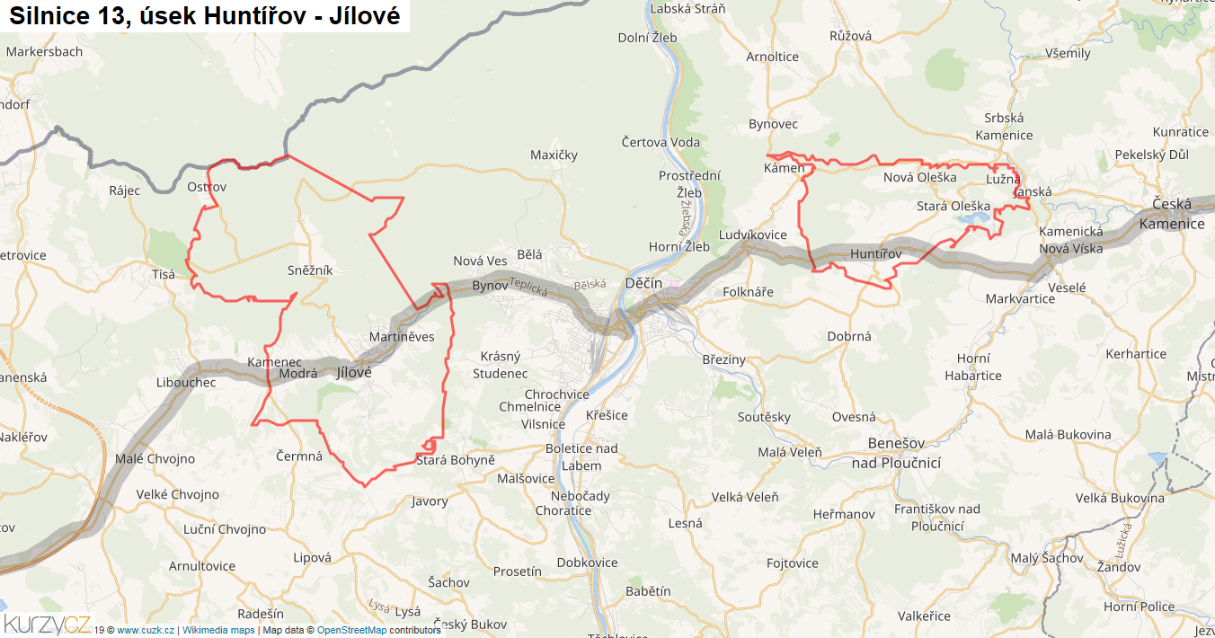 Úsek Huntířov - Jílové, Silnice 13 - Mapa