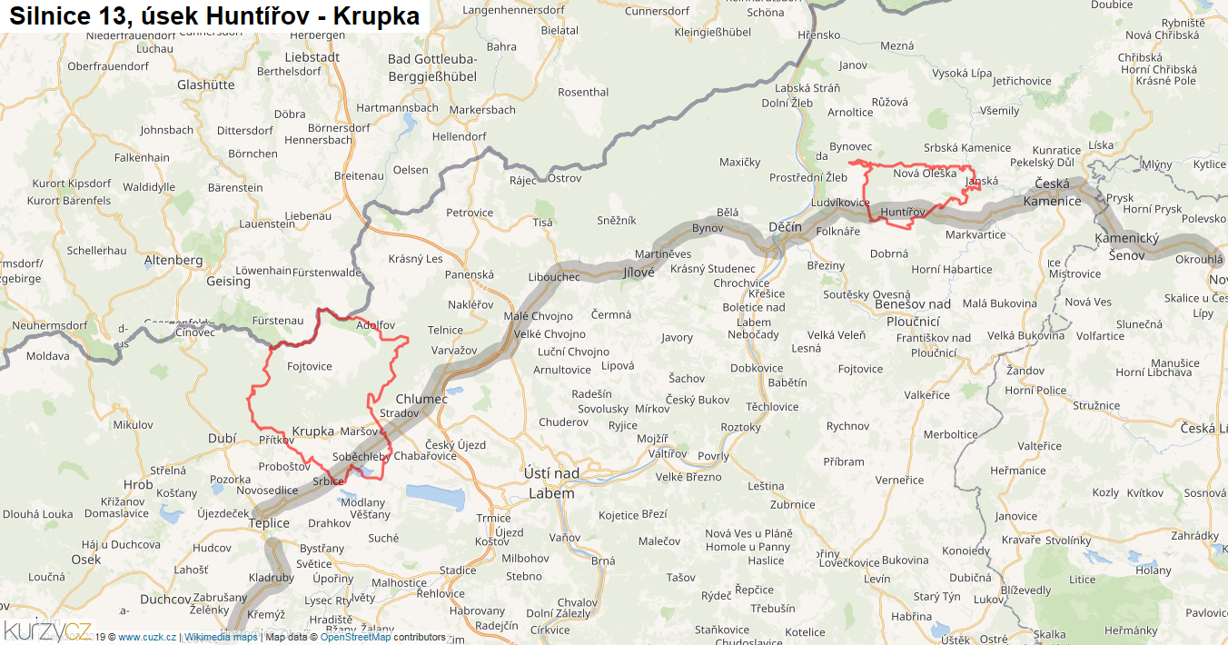 Úsek Huntířov - Krupka, Silnice 13 - Mapa
