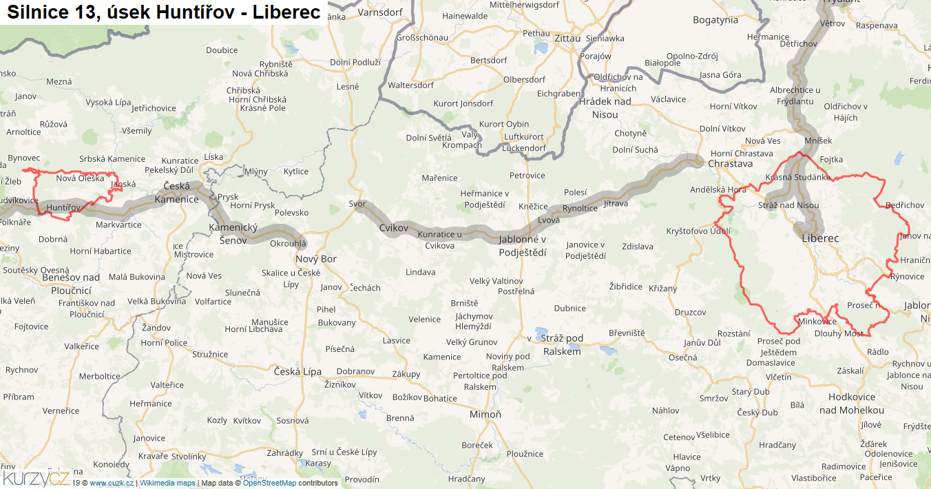 Úsek Huntířov - Liberec, Silnice 13 - Mapa