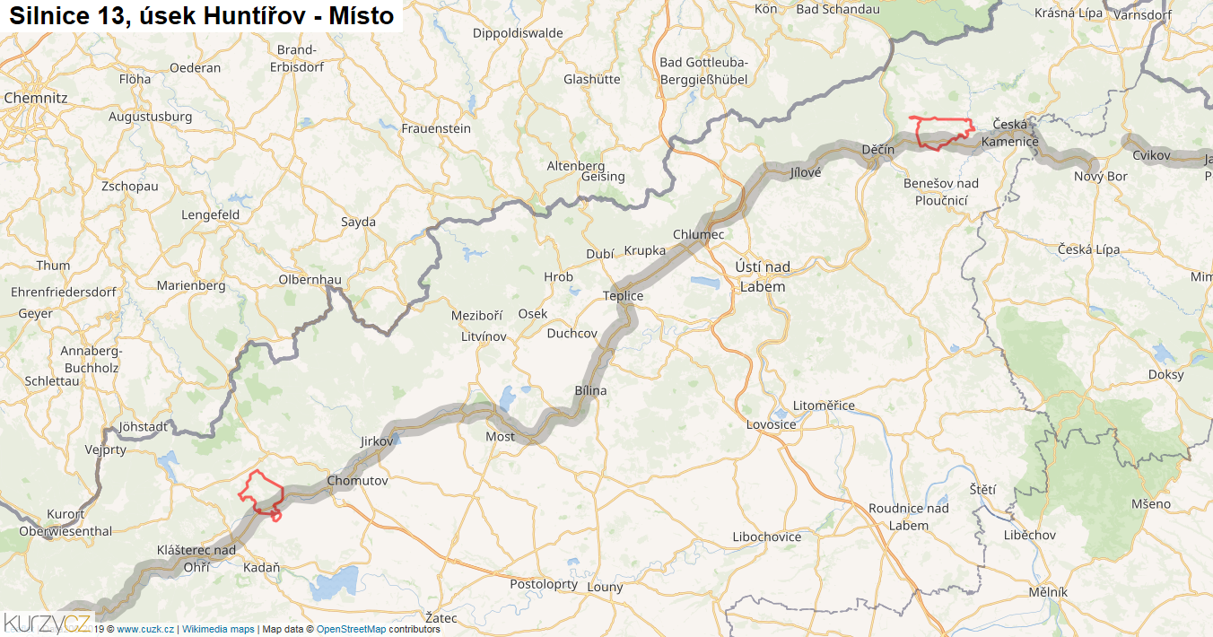 Úsek Huntířov - Místo, Silnice 13 - Mapa