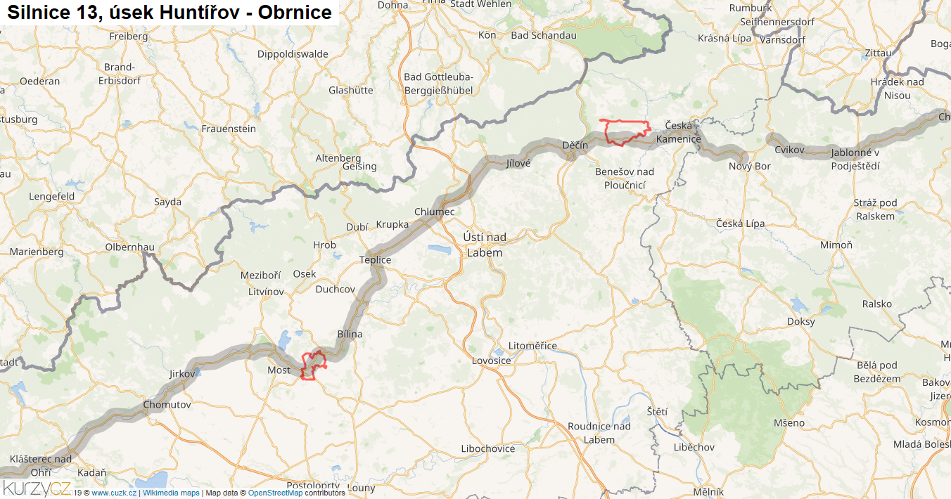 Úsek Huntířov - Obrnice, Silnice 13 - Mapa