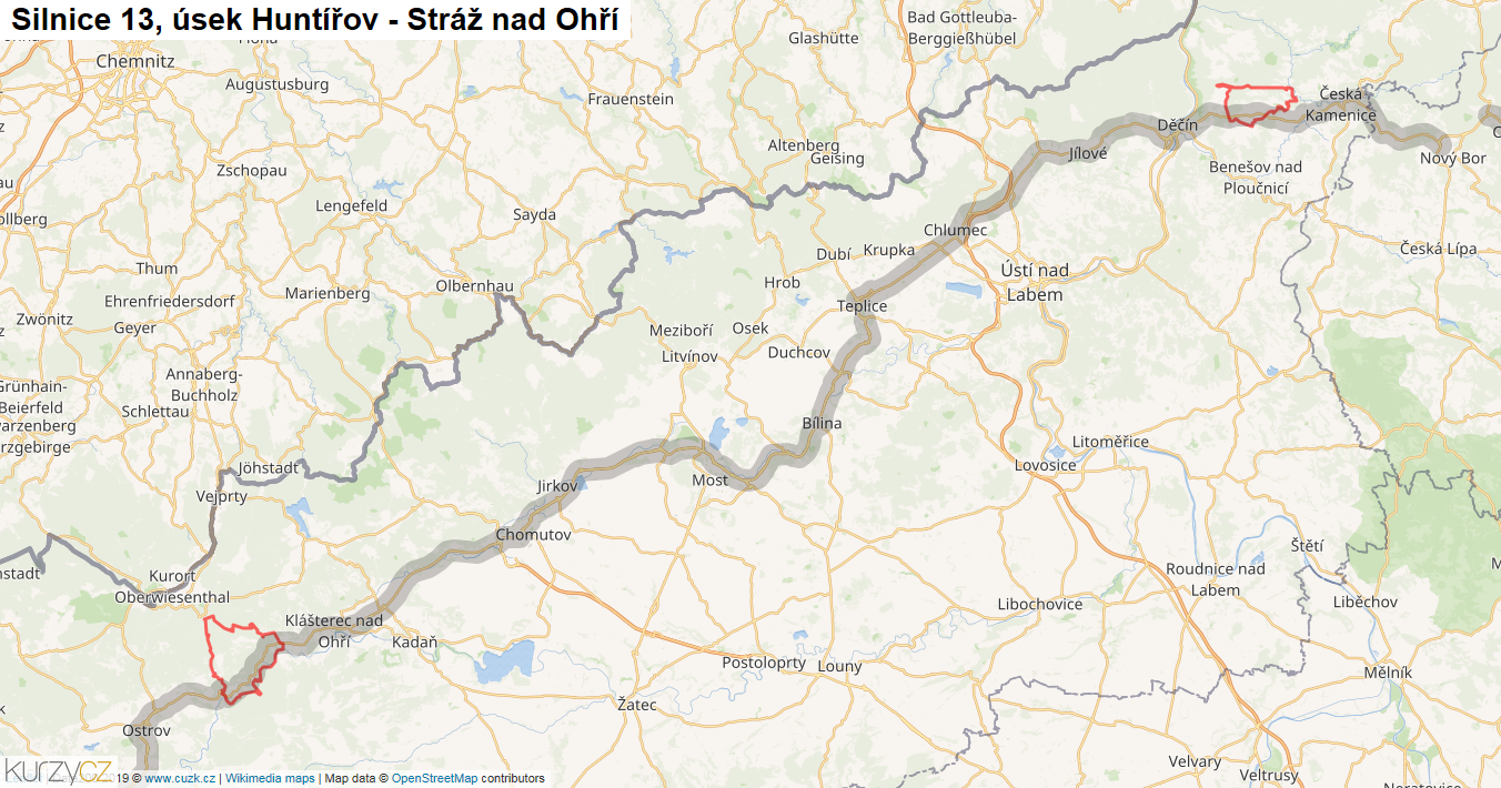 Úsek Huntířov - Stráž nad Ohří, Silnice 13 - Mapa