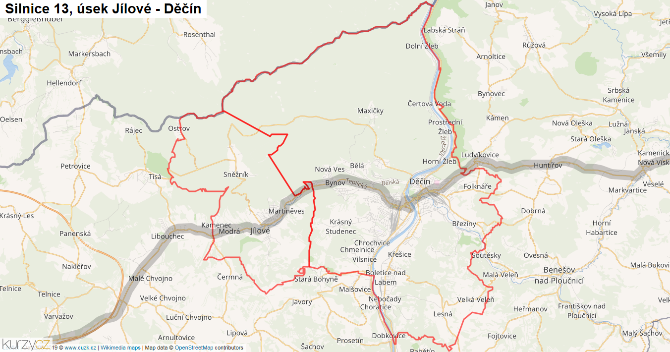 Úsek Jílové - Děčín, Silnice 13 - Mapa