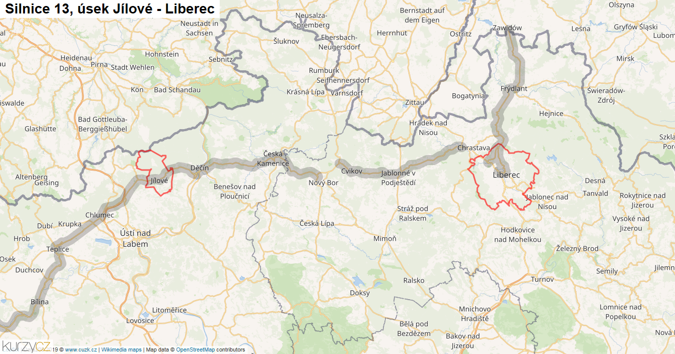 Úsek Jílové - Liberec, Silnice 13 - Mapa