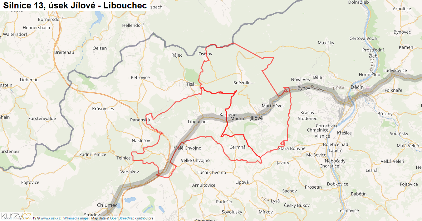 Úsek Jílové - Libouchec, Silnice 13 - Mapa
