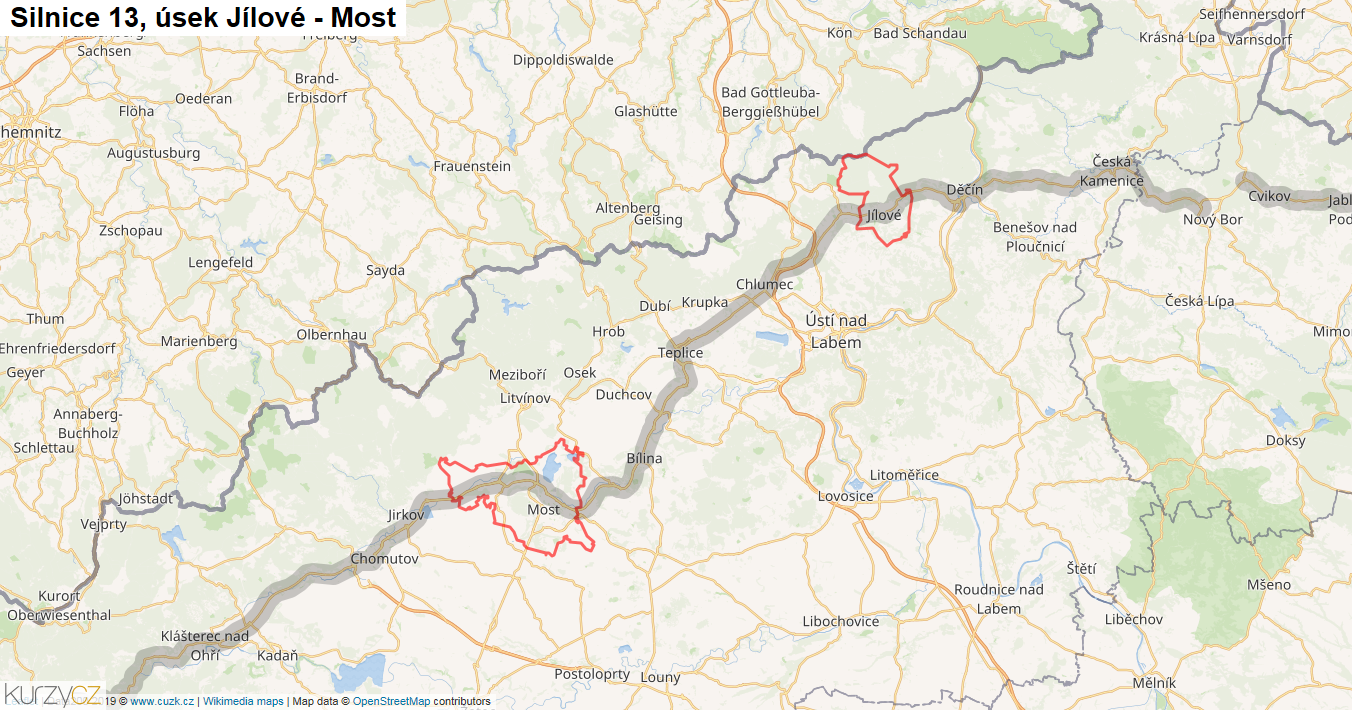 Úsek Jílové - Most, Silnice 13 - Mapa