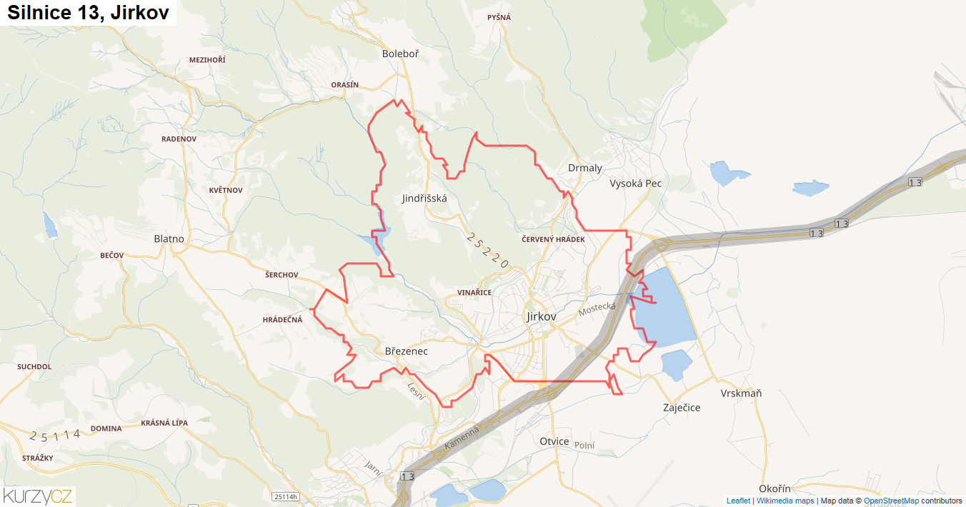 Jirkov, Silnice 13 - Mapa