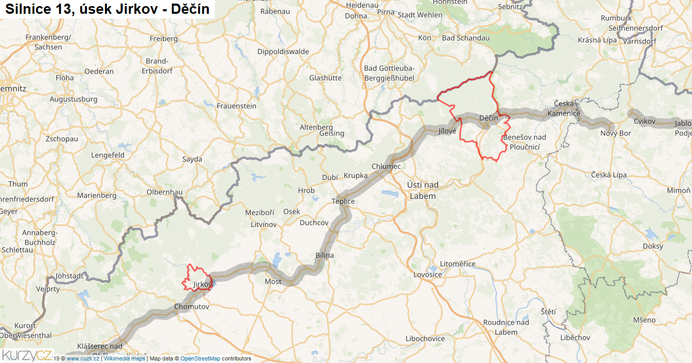 Úsek Jirkov - Děčín, Silnice 13 - Mapa