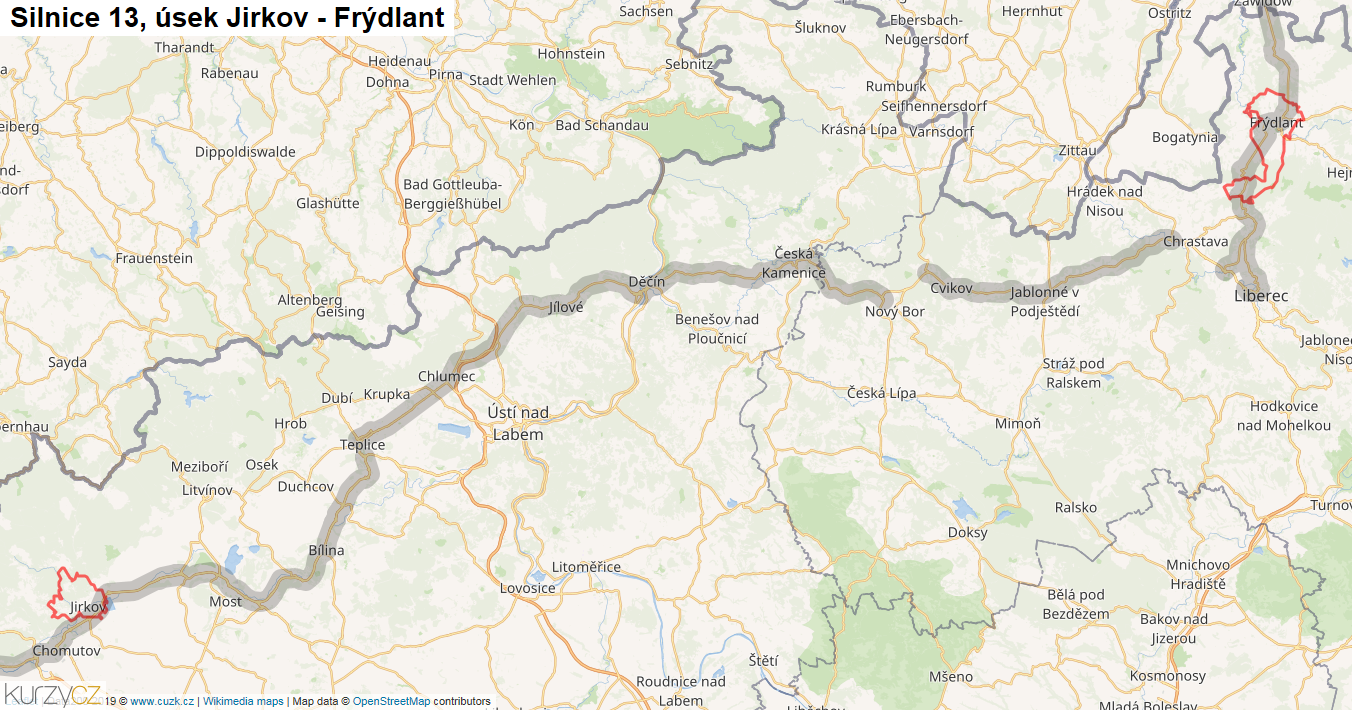 Úsek Jirkov - Frýdlant, Silnice 13 - Mapa
