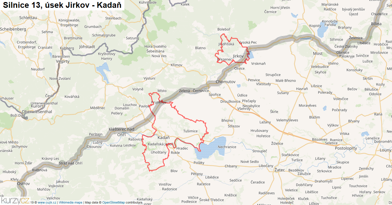 Úsek Jirkov - Kadaň, Silnice 13 - Mapa