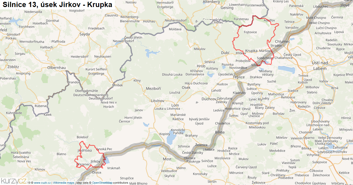 Úsek Jirkov - Krupka, Silnice 13 - Mapa