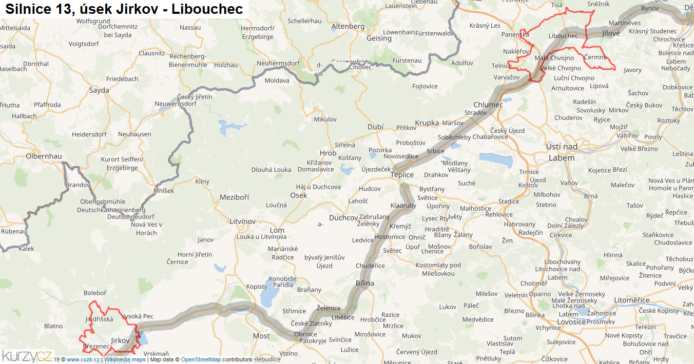 Úsek Jirkov - Libouchec, Silnice 13 - Mapa