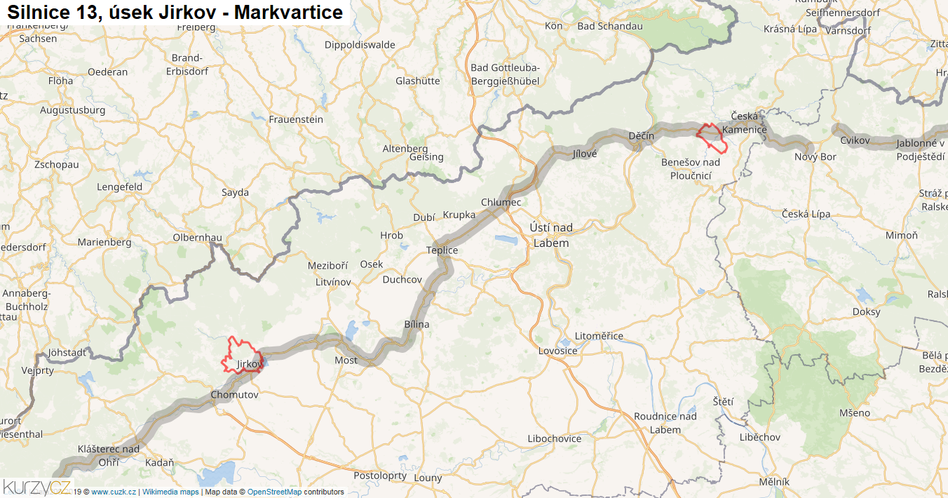 Úsek Jirkov - Markvartice, Silnice 13 - Mapa