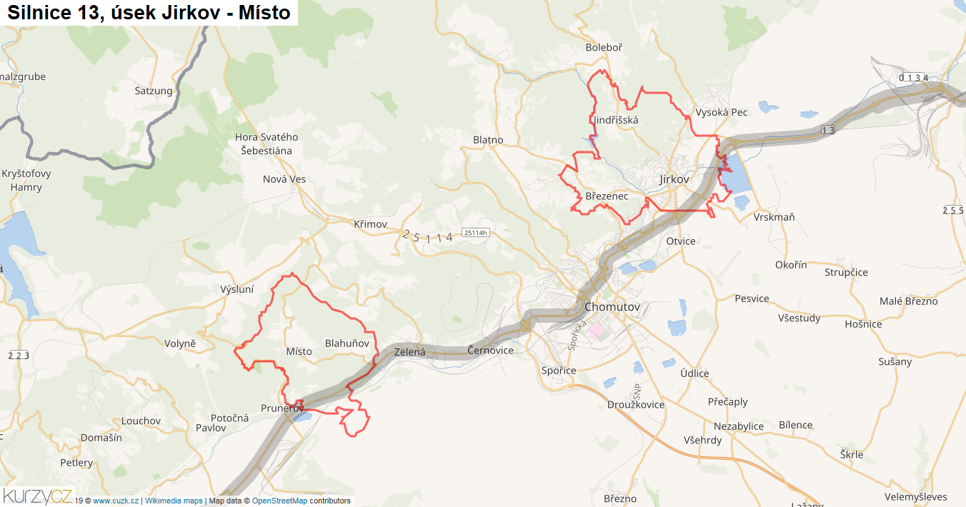 Úsek Jirkov - Místo, Silnice 13 - Mapa