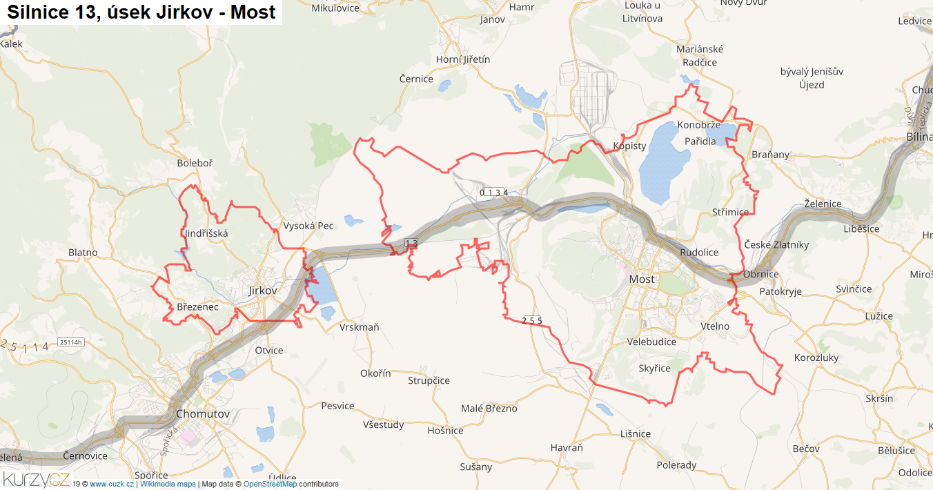 Úsek Jirkov - Most, Silnice 13 - Mapa