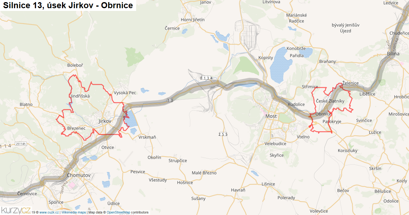 Úsek Jirkov - Obrnice, Silnice 13 - Mapa
