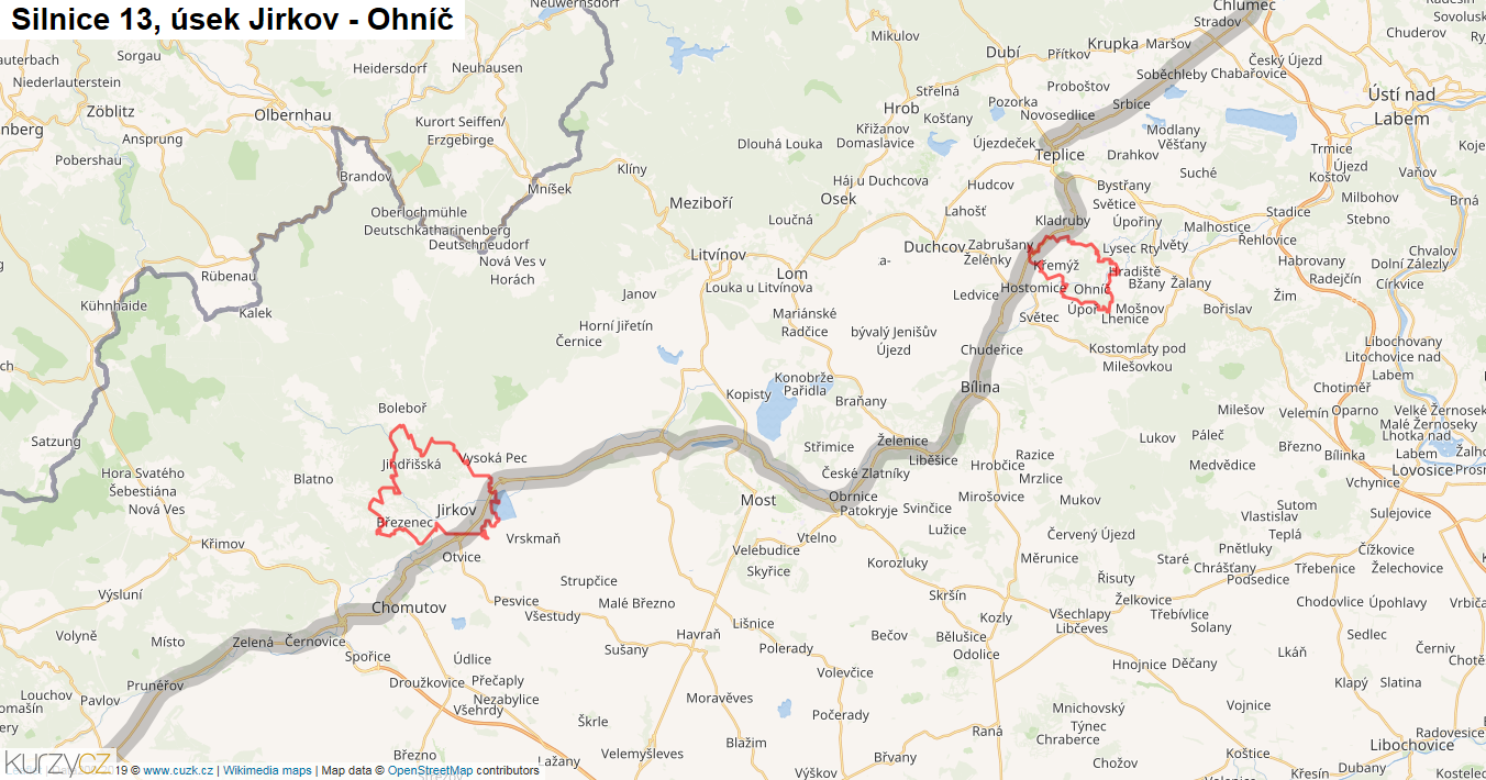 Úsek Jirkov - Ohníč, Silnice 13 - Mapa
