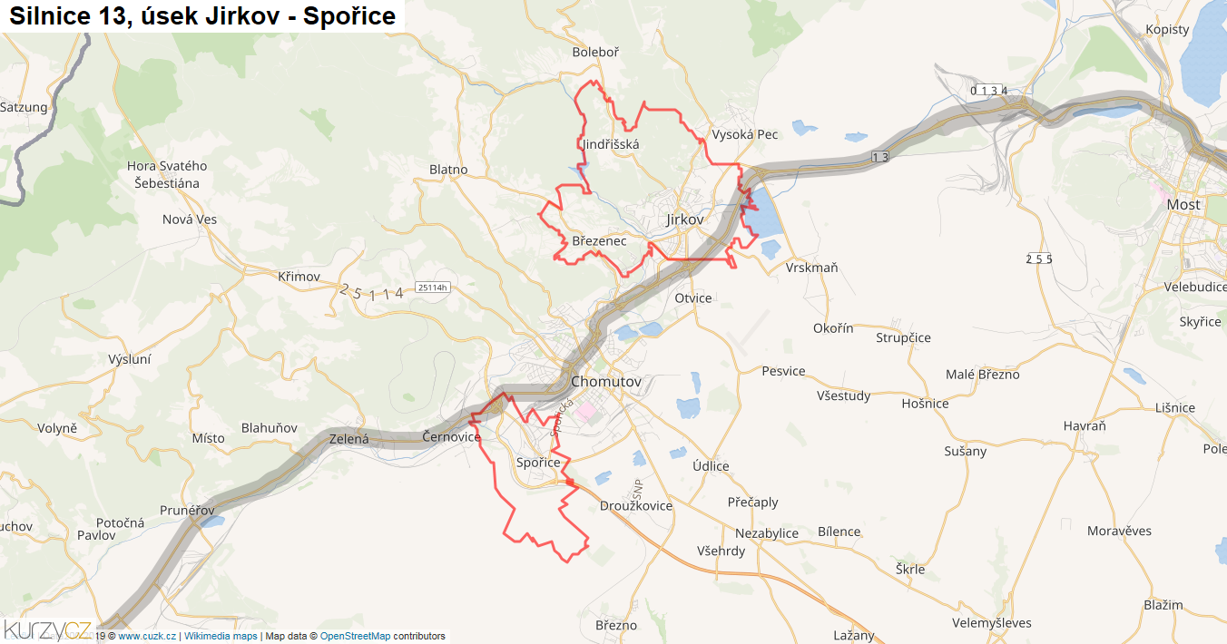 Úsek Jirkov - Spořice, Silnice 13 - Mapa