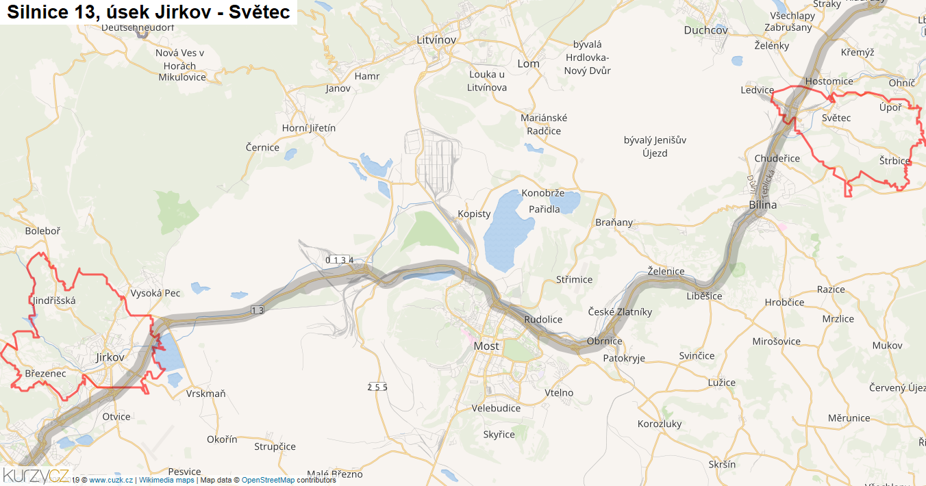 Úsek Jirkov - Světec, Silnice 13 - Mapa