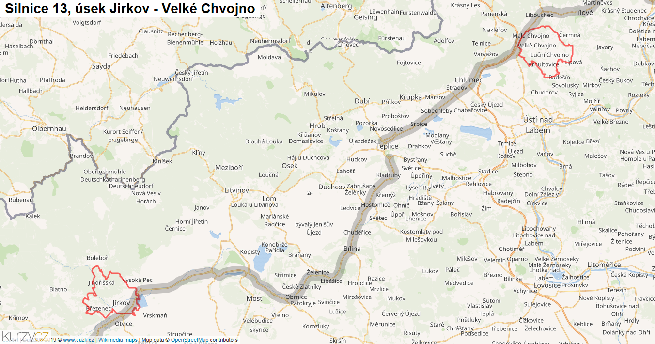 Úsek Jirkov - Velké Chvojno, Silnice 13 - Mapa