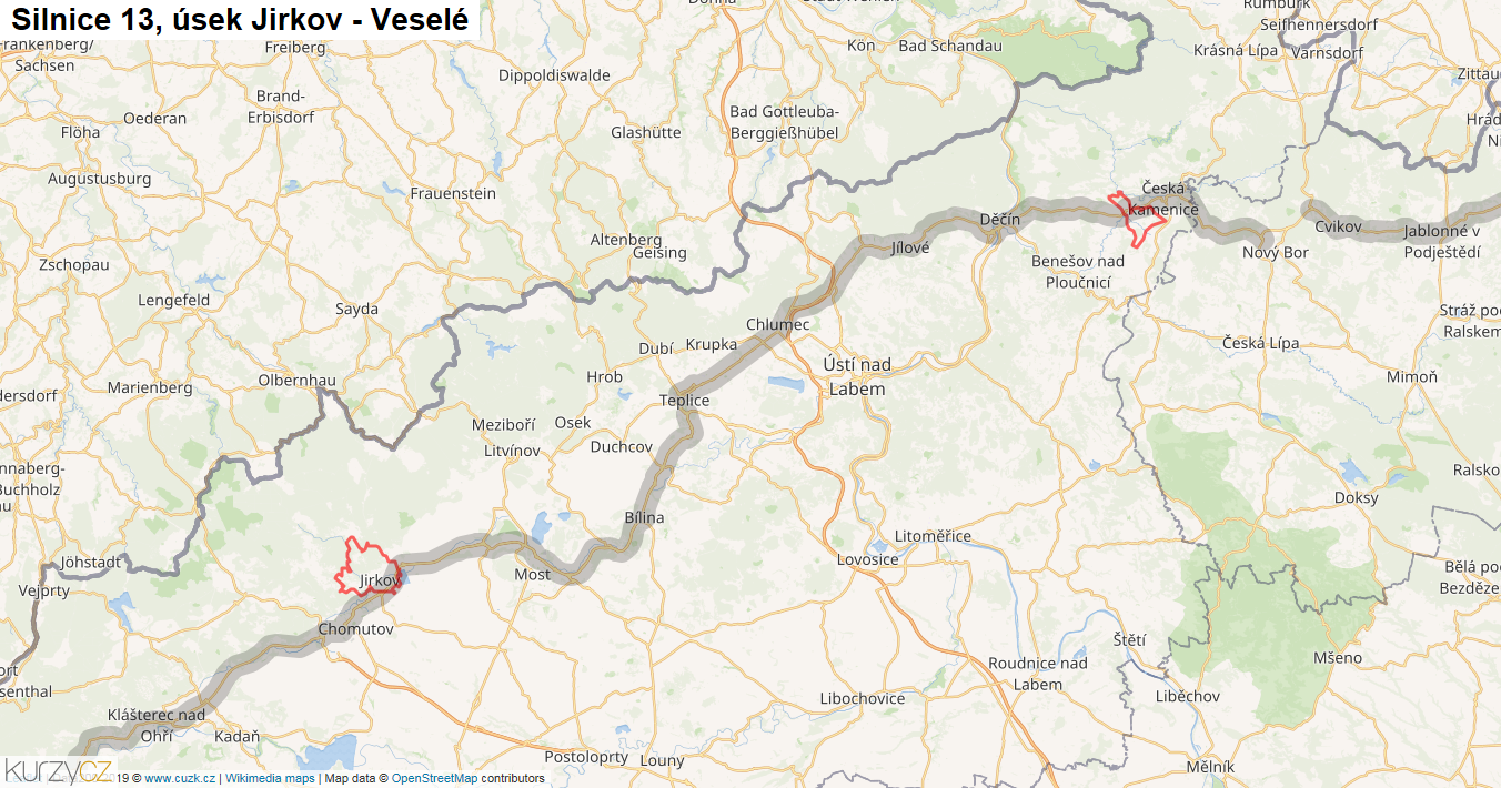 Úsek Jirkov - Veselé, Silnice 13 - Mapa