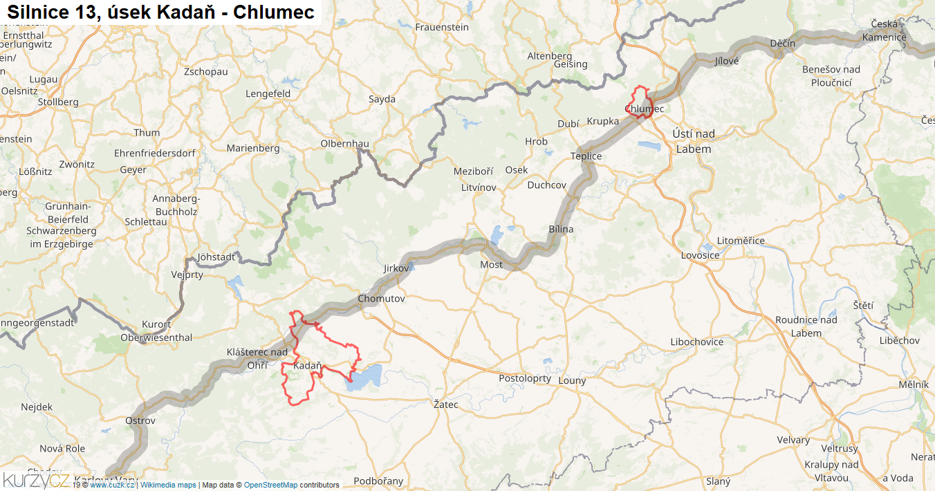 Úsek Kadaň - Chlumec, Silnice 13 - Mapa