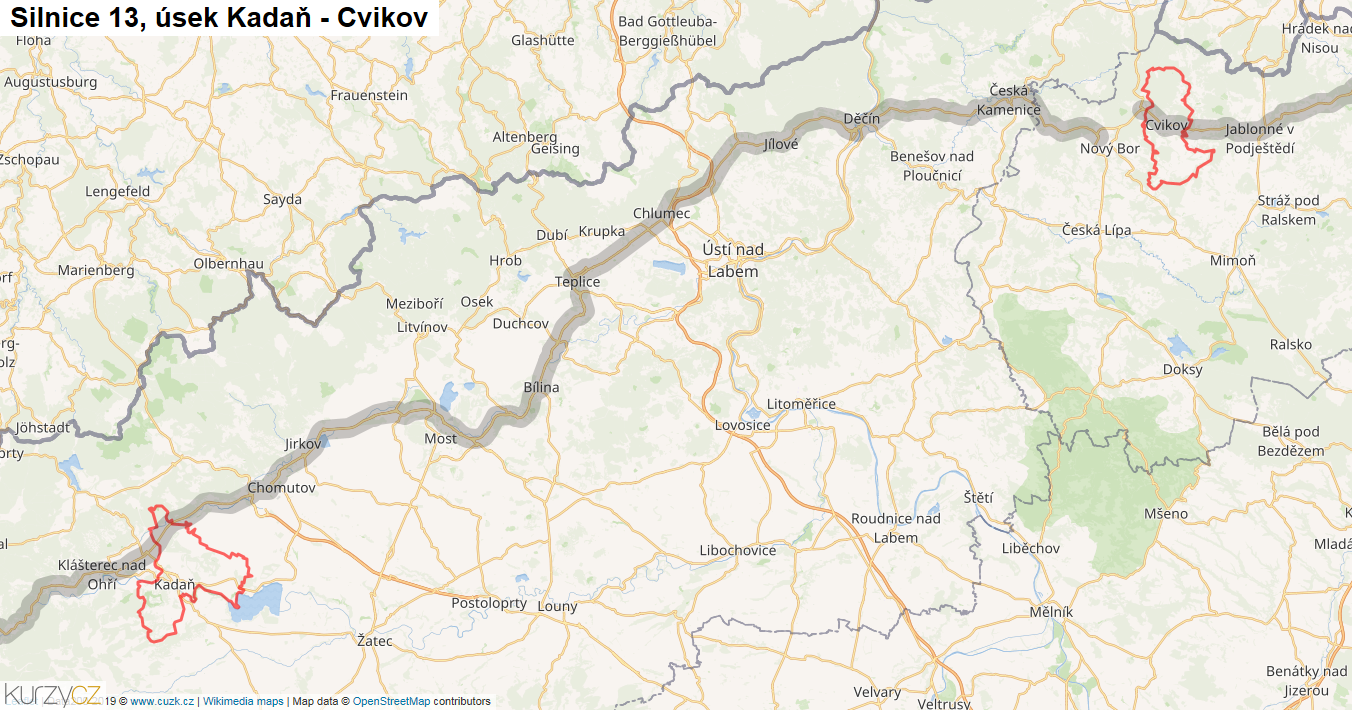 Úsek Kadaň - Cvikov, Silnice 13 - Mapa
