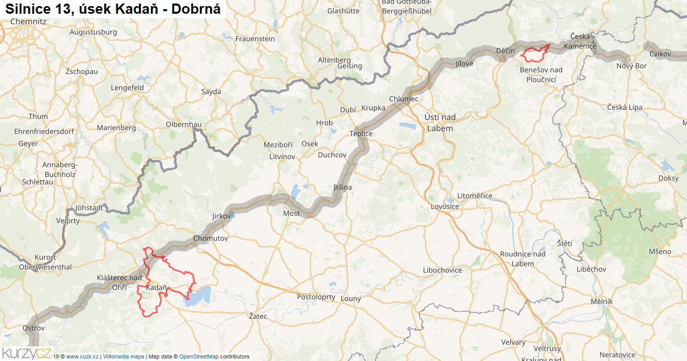 Úsek Kadaň - Dobrná, Silnice 13 - Mapa