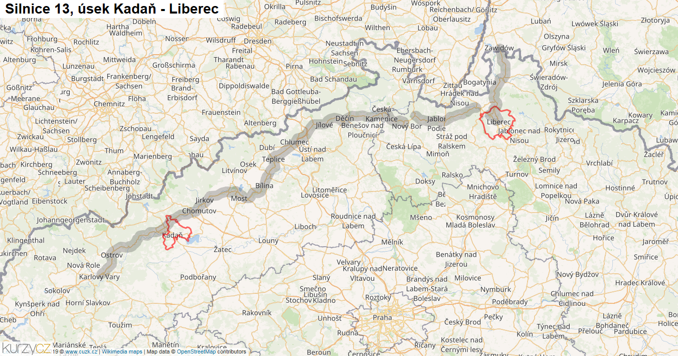 Úsek Kadaň - Liberec, Silnice 13 - Mapa
