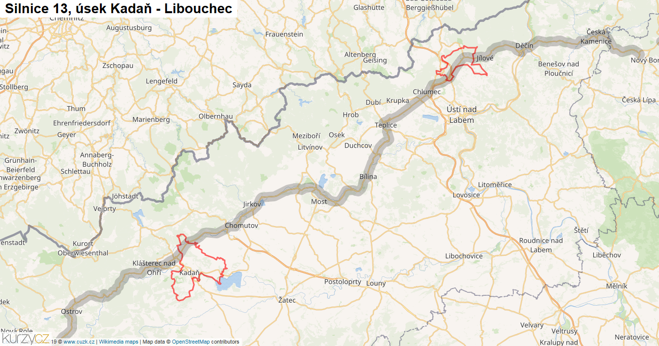 Úsek Kadaň - Libouchec, Silnice 13 - Mapa