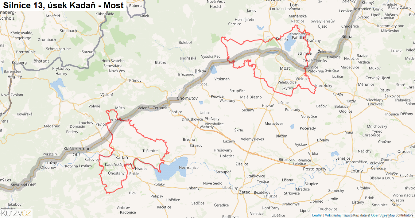Úsek Kadaň - Most, Silnice 13 - Mapa