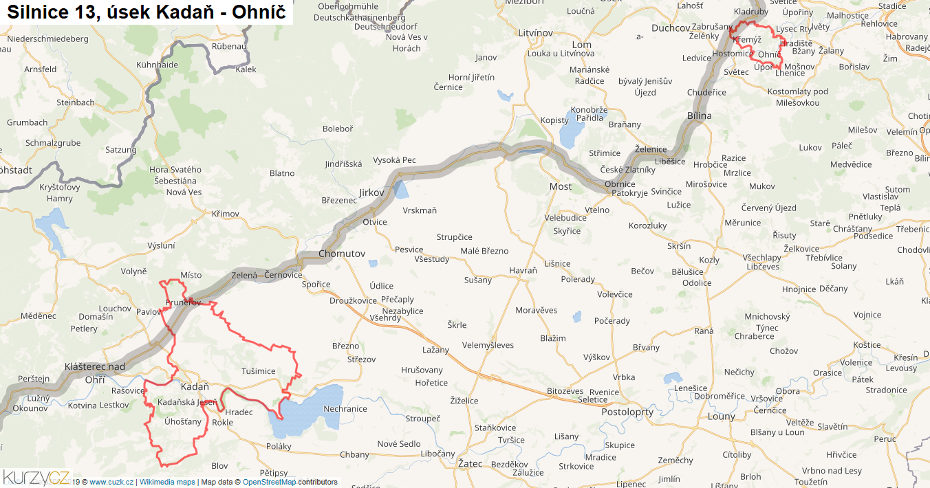 Úsek Kadaň - Ohníč, Silnice 13 - Mapa
