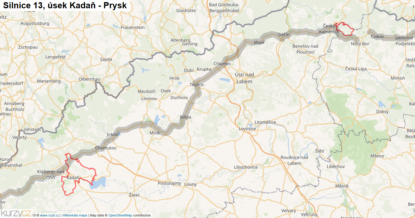 Úsek Kadaň - Prysk, Silnice 13 - Mapa