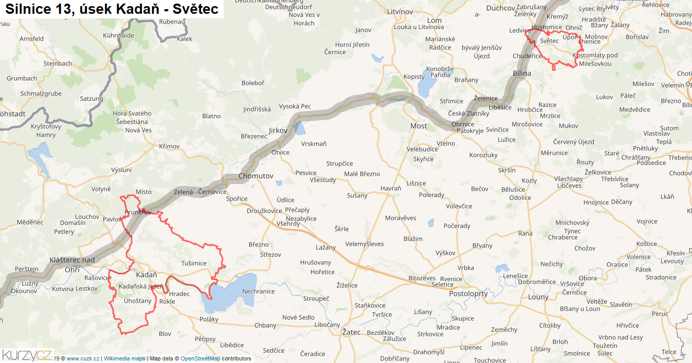 Úsek Kadaň - Světec, Silnice 13 - Mapa