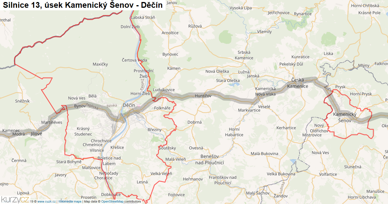 Úsek Kamenický Šenov - Děčín, Silnice 13 - Mapa