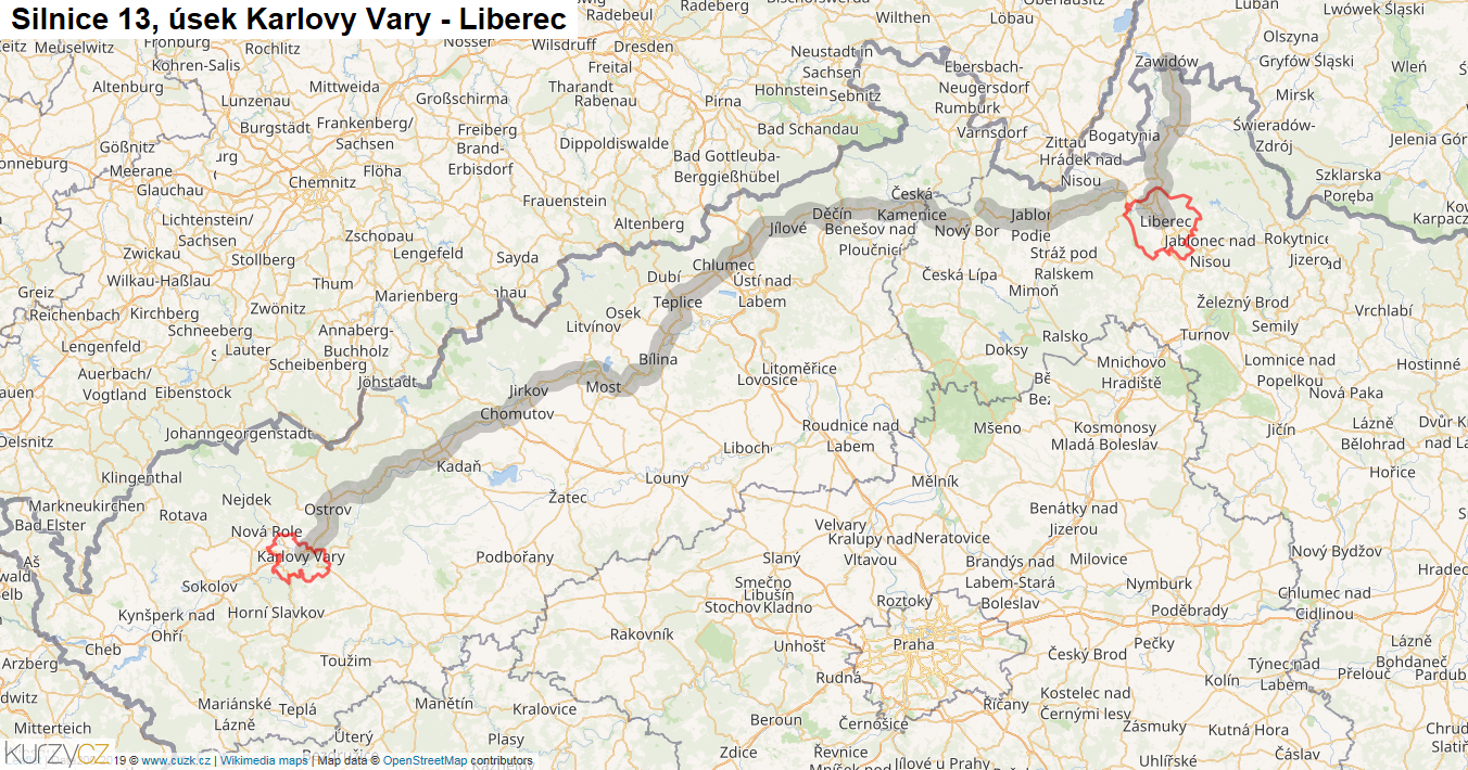 Úsek Karlovy Vary - Liberec, Silnice 13 - Mapa