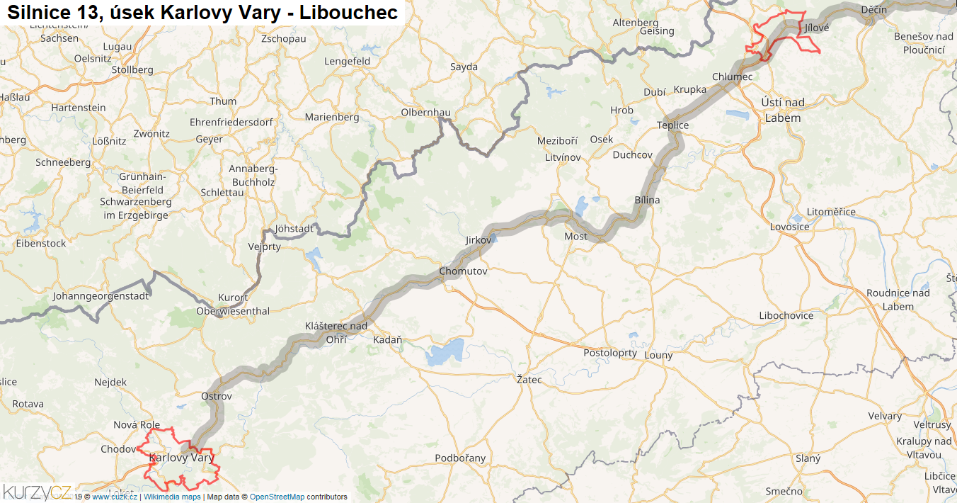 Úsek Karlovy Vary - Libouchec, Silnice 13 - Mapa