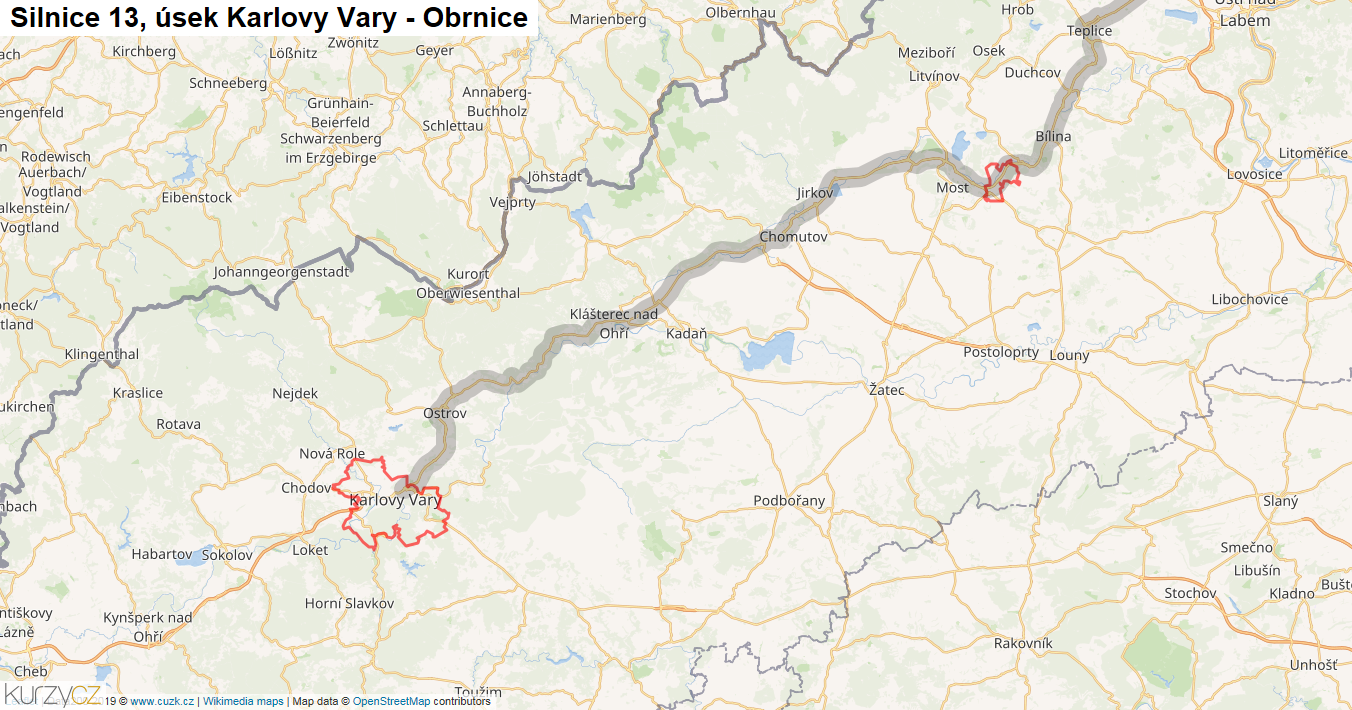 Úsek Karlovy Vary - Obrnice, Silnice 13 - Mapa