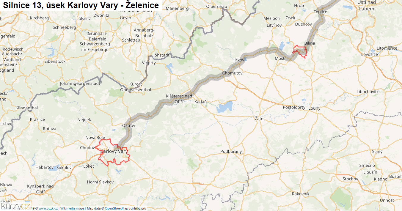 Úsek Karlovy Vary - Želenice, Silnice 13 - Mapa