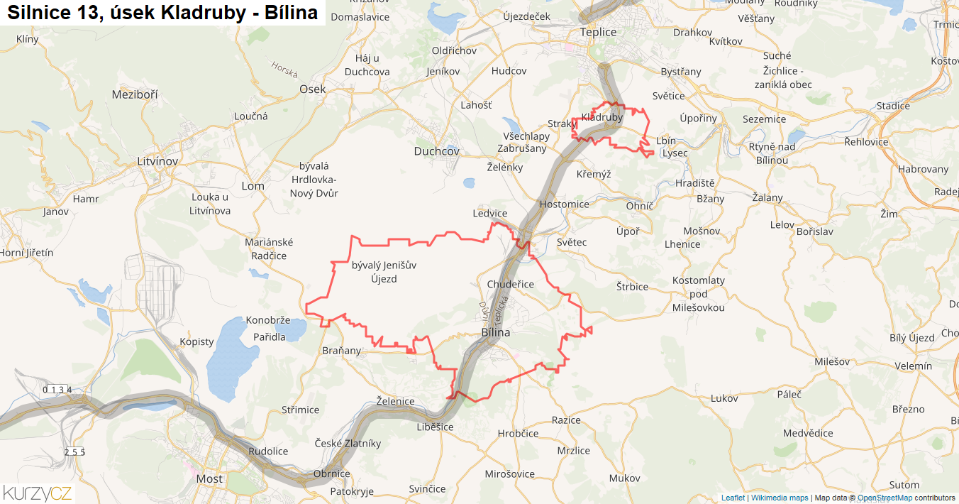 Úsek Kladruby - Bílina, Silnice 13 - Mapa