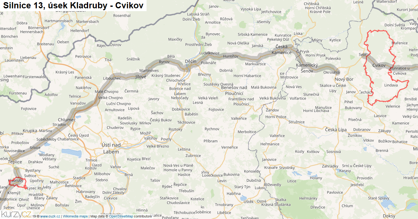 Úsek Kladruby - Cvikov, Silnice 13 - Mapa