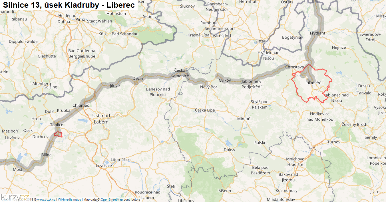 Úsek Kladruby - Liberec, Silnice 13 - Mapa